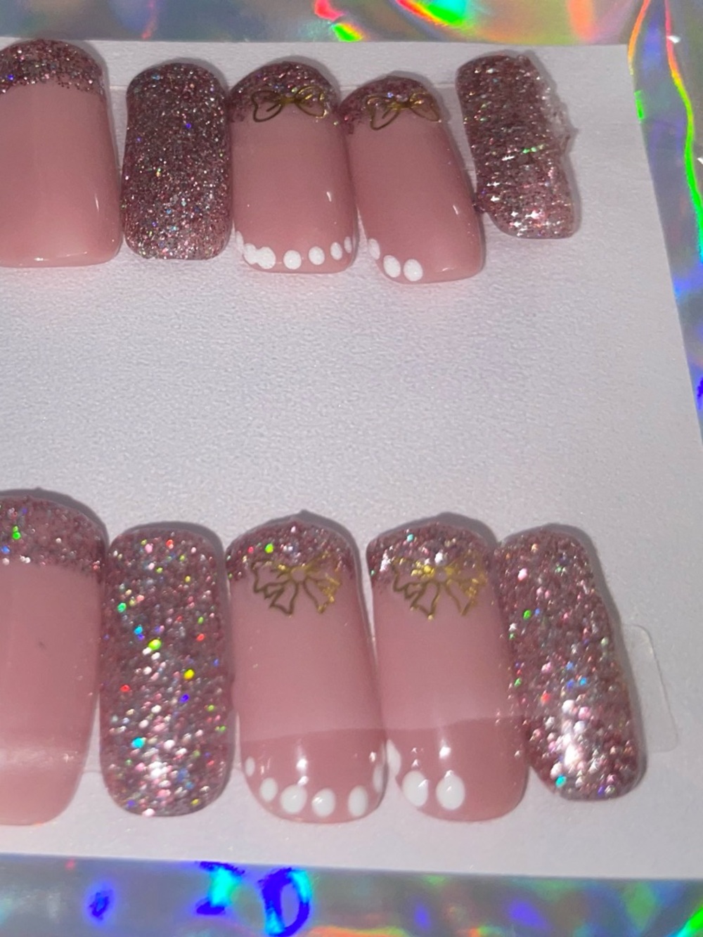 Pink Glitter False Nail Set with Gold Bow Accents
